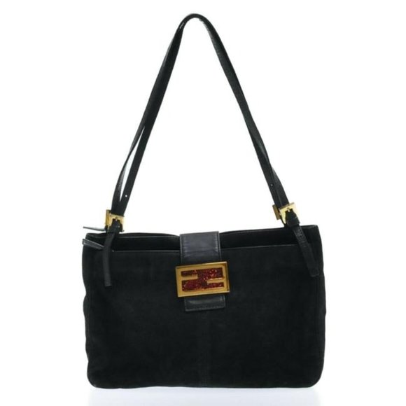 Fendi Black Suede Leather V Shaped Enamel Clasp HOBO Style Satchel Shoulder Bag - Picture 1 of 12